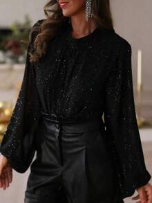 Elegant Sheer High Neck Lantern Sleeve Blouse With Subtle Glitter, Evening Style - Black - View 8
