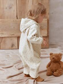 mini bala Baby Hooded Velvet Romper With Star Details Soft Stylish Going‑Out Jumpsuit For Autumn Winter - White Tone - View 3