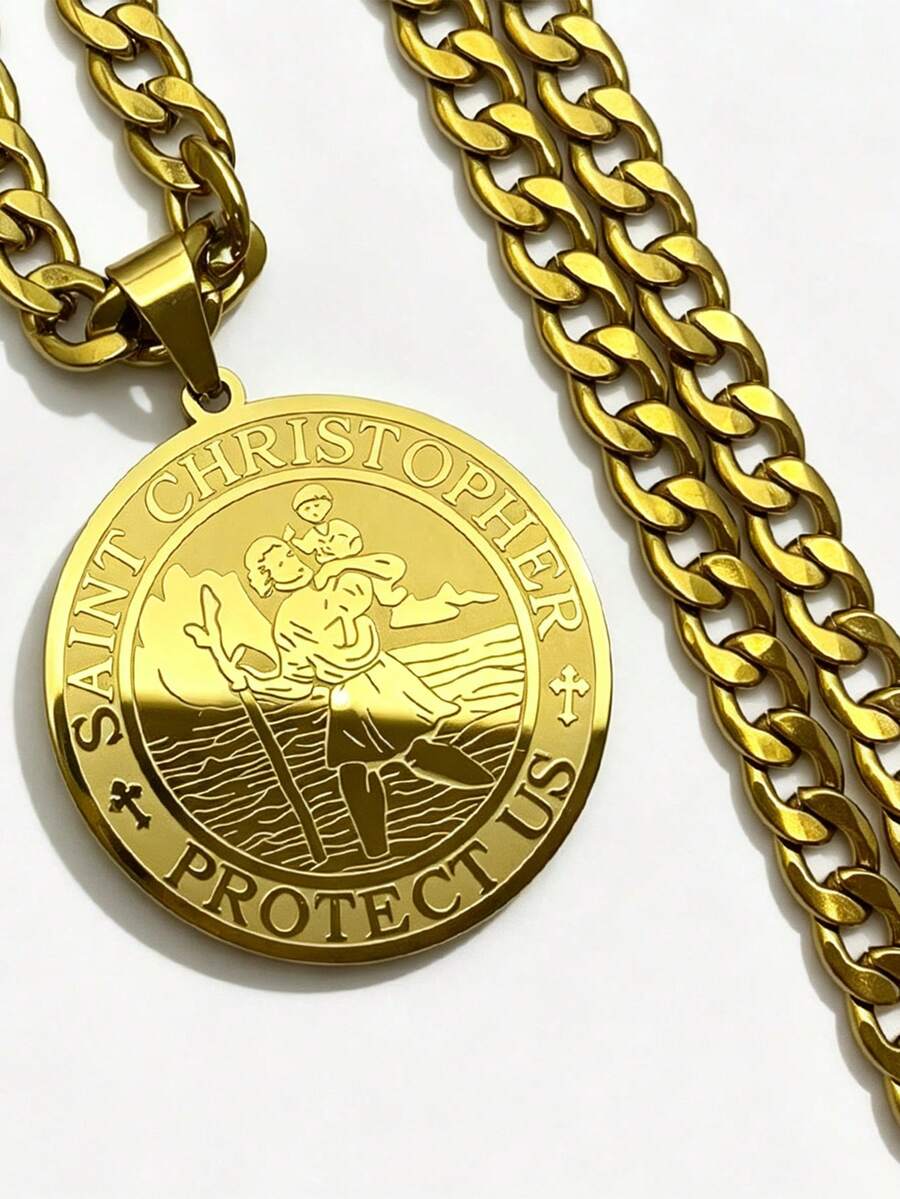 Catholic Saint Christopher Protect Us Round Pendant Necklace Unisex Stainless Steel Gold Color Amulet Jewelry Gift - Pendant Necklace - View 1