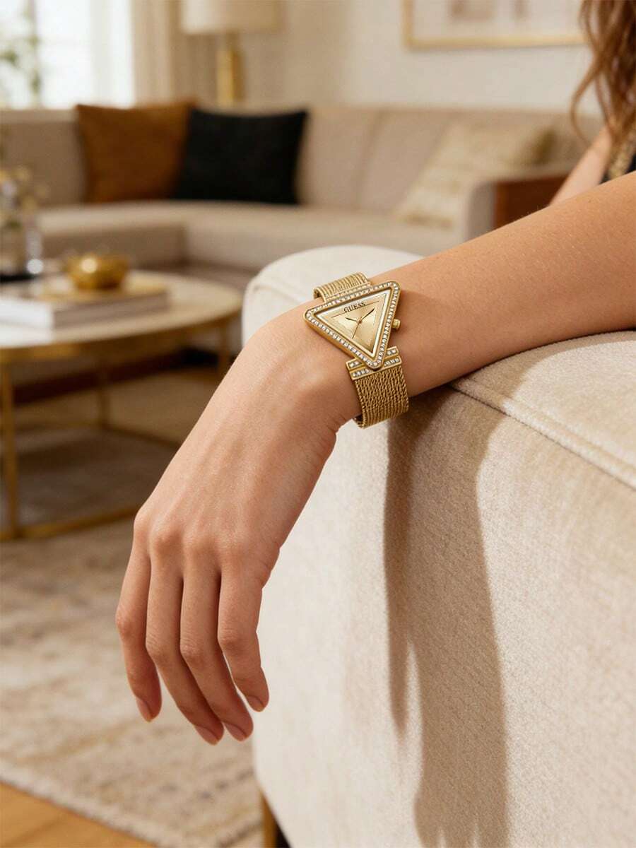 Guess Women's Geometric Downward Pointed Face Dial Warm Tone Woven Metal Mesh Band Crystal Outline Bold Design Analog Quartz Wrist Watch Office Commute Style Gift For Wife - one-size - View 1