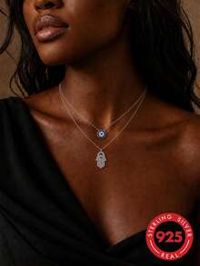 S925 Sterling Silver Multi-Layer Evil Eye Necklace, Sparkling Cubic Zirconia Hamsa Hand Pendant With Multi-Strand Chain, Women's Protective Jewelry Gift - Silver - View 6