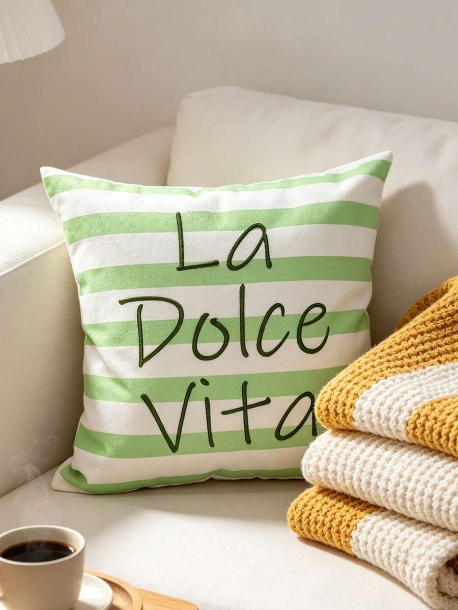 1pc Fresh Green Striped Embroidered Pillowcase, English Text Cushion Cover, Living Room Bedroom Atmosphere Decorative Pillow, Hidden Zipper, Machine Washable, Sofa Decorative Pillowcase, Pillow Insert Not Included - Green - View 1