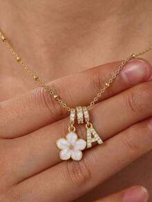 1pc Five-Petal Flower & Copper Zirconia Initial Letter Multi-Pendant Necklace For Girls Anniversary Dates Parties Prom Birthday Gift For Daily Wear - White - View 1