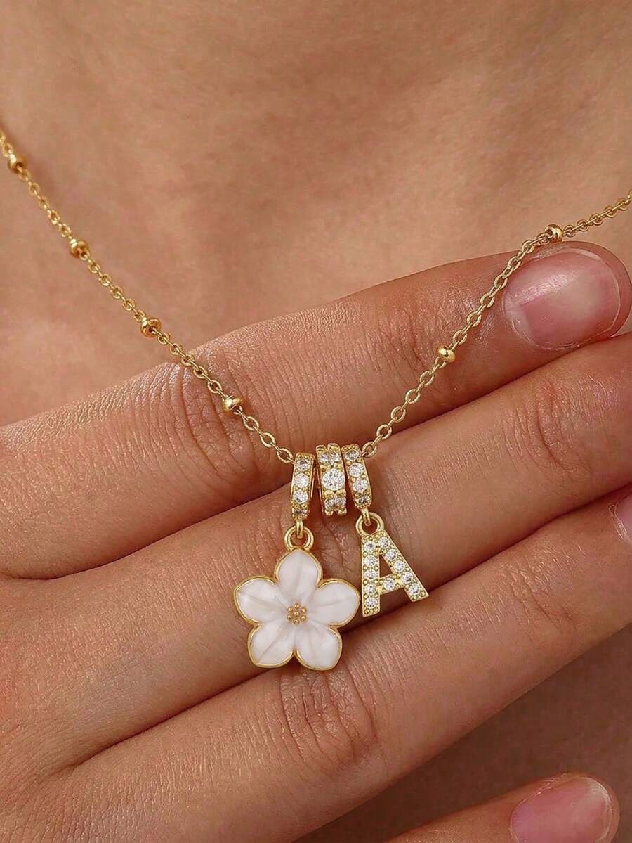 1pc Five-Petal Flower & Copper Zirconia Initial Letter Multi-Pendant Necklace For Girls Anniversary Dates Parties Prom Birthday Gift For Daily Wear - White - View 1