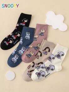 5 đôi tất nữ cổ trung bình SNOOPY Series chính hãng, họa tiết kẻ sọc Charlie Brown Puppy, hoạt hình vui nhộn cá tính - Nhiều màu - Xem 3