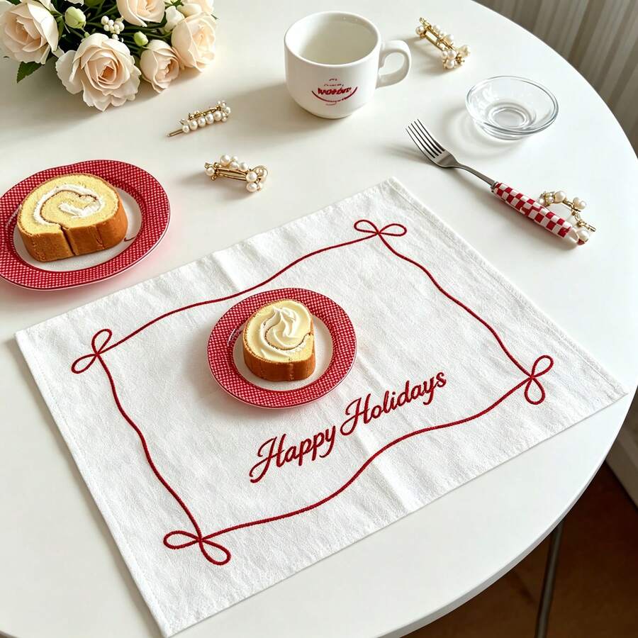 1/2/6pcs Vintage Red Line Bow Placemats, Happy Holiday White Fabric Embroidered Napkins, Dessert Table Photo Decoration Table Mat, Suitable For Holiday Party - Multicolor - View 1