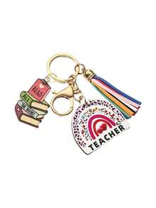 1pc Teacher Theme Keychain, Rainbow Leopard Print Wooden Pendant With Book Charm And Colorful Tassel, Portable Key Ring Accessory, Suitable For Car Keys And Bag Decoration, Ideal Thank You Gift For Educators On Teacher's Day, Back To School And Holidays - Multicolor - View 11