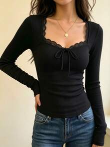 Ladies Lace Trim Square Neck Long Sleeve Ribbed Top, Front Bow Tie Slim Fitted Solid Knit Tee, Casual Blouse For Daily And Going‑Out Occasions - Black - View 3