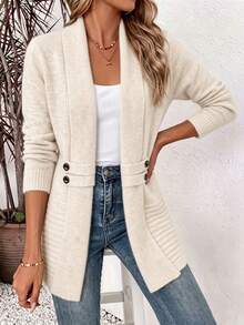 Women's Apricot Open Front Large Lapel Knit Cardigan Sweater, Long Sleeve Mid-Length, Decorative Double-Breasted Buttons, Autumn/Winter Outerwear - Floral Apricot - View 11