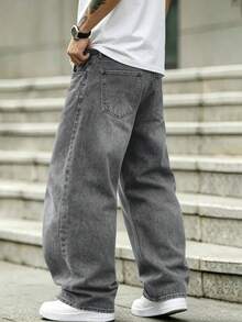 Men Washed Grey Wide Leg Baggy Jeans, Loose Relaxed Fit Casual Daily Long Denim Trousers - Grey - View 5