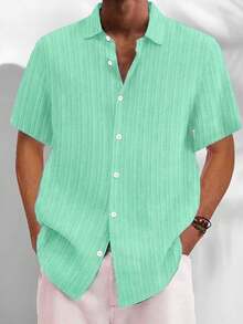 Casual Basic Striped Lightweight Plus Size Loose Fit Short Sleeve Shirt For Men - Mint Green - View 1