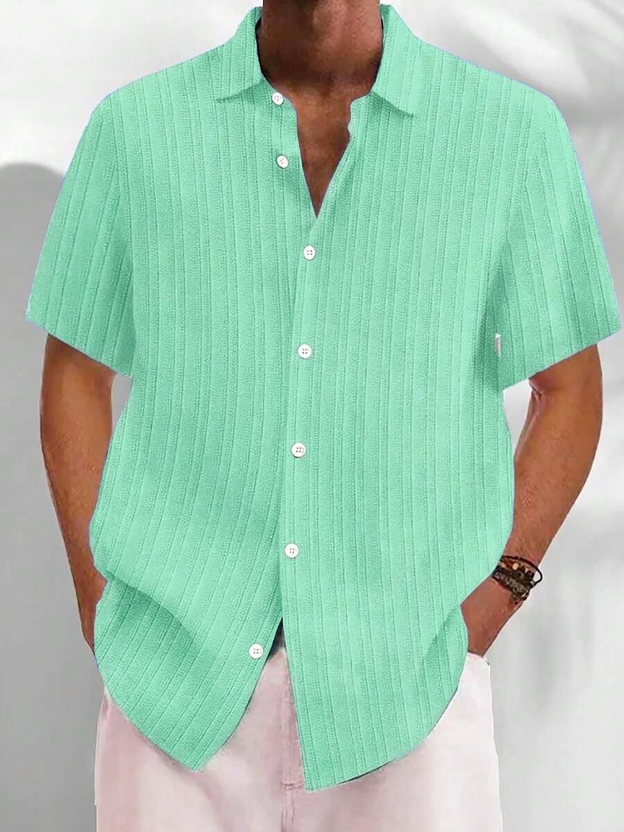 Casual Basic Striped Lightweight Plus Size Loose Fit Short Sleeve Shirt For Men - Mint Green - View 1