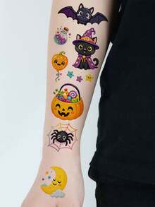 10 Sheets, With 116pcs Halloween Cartoon Element Pattern Temporary Tattoo Stickers, Featuring Pumpkin, Vampire, Zombie, Bat, And Spider Designs, Waterproof And Lasts 2-5 Days, Suitable For Parties - Multicolor - View 7