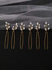 6Pcs Elegant Gold Pearl Rhinestone Bridal Hair Pins Set Crystal Leaf U-Shaped Wedding Hair Forks For Bridesmaid Prom Party Hair Accessories - Multicolor - View 3