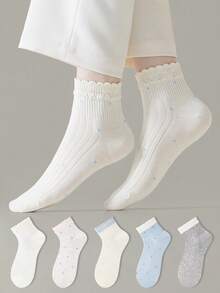 ZUJO 5 Pairs Multicolor Polka Dot Ruffle Trim Short Socks, Cute Polka Dot Pattern, Breathable And Comfortable, Suitable For Spring, Summer And Autumn Wear, Random Color Shipment - Multicolor - View 3