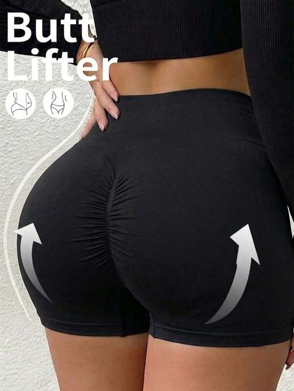 Oillpretty 1pc Black High Waist Ruched Seamless Hip-Lifting Safety Shorts, 4-Way Stretch Knit Fabric, Wide Waistband With Strong Compression For Belly Fat, Ruched Back Waist For Lifted And Full Buttocks, No Rolling Edges, Suitable For Yoga, Outdoor Jogging, Skirt Anti-Exposure, Postpartum Tummy Control, Daily Commute