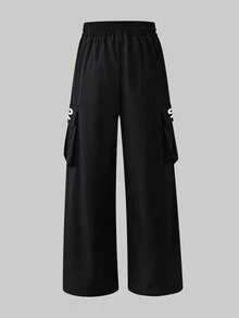 Sweet Cool Girl Cargo Wide Leg Pants, Bow Print Side Pocket Elastic Waist Loose Fit Long Pants For Girls, Spring/Autumn - Black - View 3