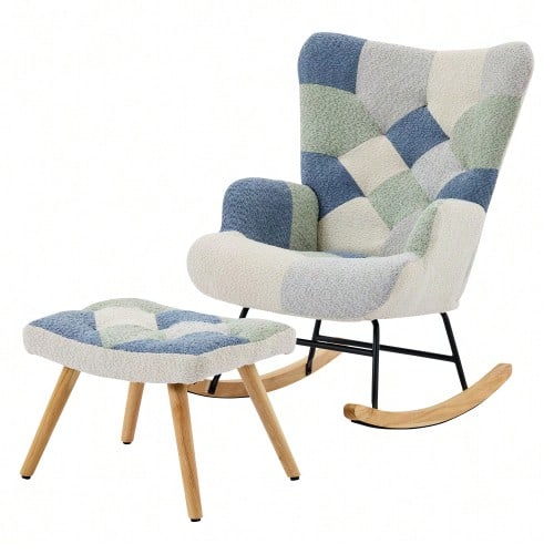 Relaxing Rocking Chair With Footrest, Modern Fabric Armchair, Upholstered Sofa Bed For Living Room, Bedroom, Office (Patchwork Color, Houndstooth Pattern) -- Max Load 110 Kg - Blue - View 1