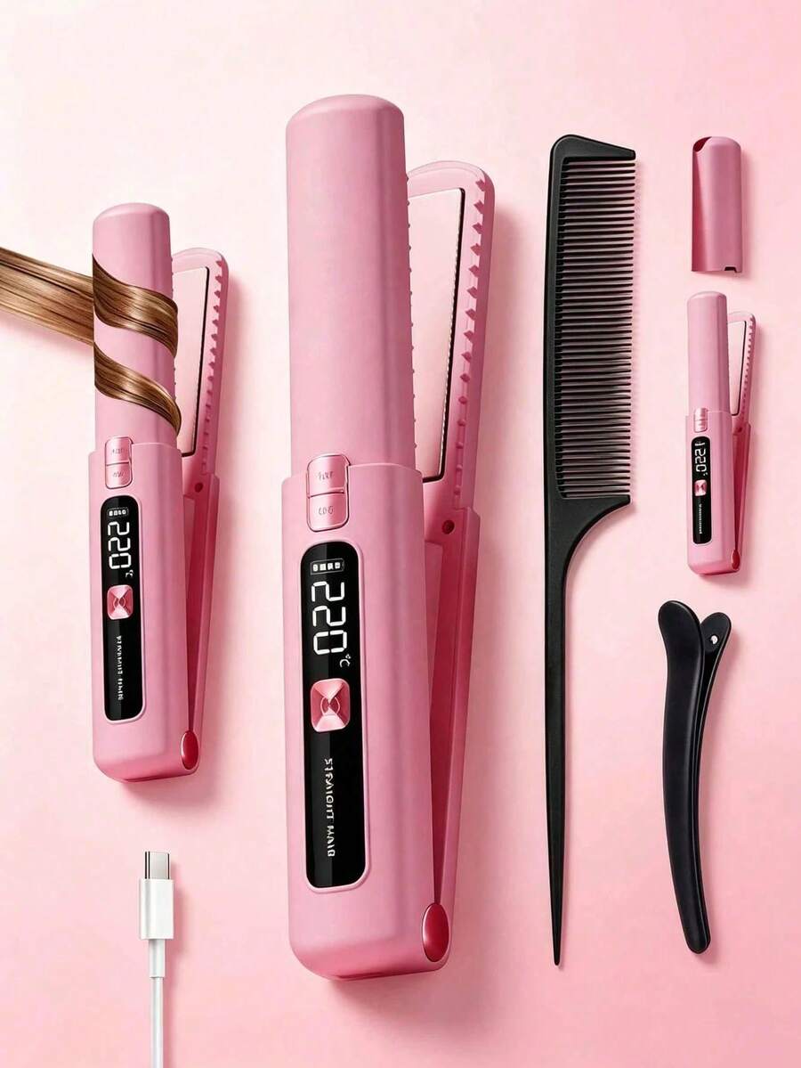 2-In-1 Hair Curler & Straightener, Wireless Mini Curling Iron, 7 Temperature Settings, Ceramic Travel Hair Styler, USB Rechargeable Hair Styling Tool, Suitable For Home, Travel And Hair Salon, Ideal Gift For Friends And Family On Holidays, Also Perfect As Valentine's Day Gift