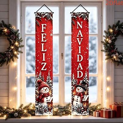 Christmas Theme Spanish Couplet Door Banner Decoration, 1PC, 2D Flat, FELIZ NAVIDAD Snowman Christmas Couplet Hanging Flag, Red Background Snowflake Pine Needle Christmas Tree Snow Scene Spanish Christmas Backdrop, Polyester Material, Suitable For Indoor / Outdoor / Garden Decoration, Room Decoration, Christmas Party, Holiday Door Decor, Christmas Decoration, Home Decor, Christmas Decoration