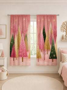 2 piezas de cortinas decorativas con tema navideño, patrón de árbol de Navidad rosa, adecuadas para decoración del hogar, decoración de ventanas, decoración de ambiente navideño para el hogar - Multicolor - Ver 7