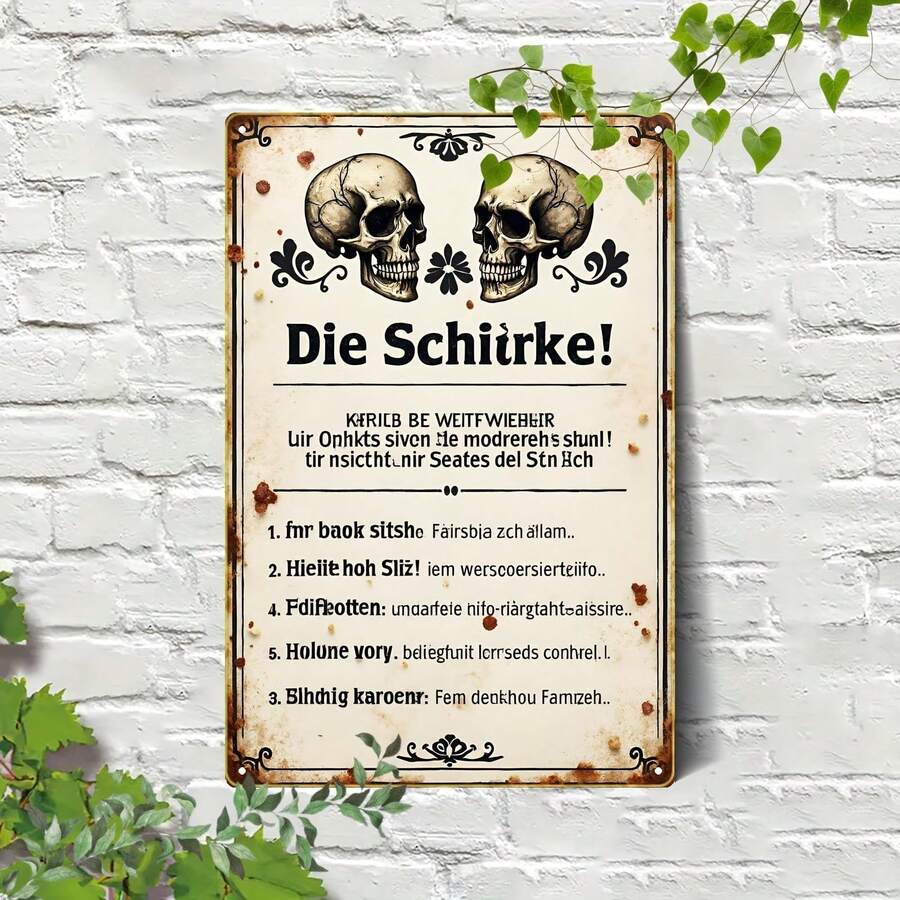 2D Flat - 1pc Vintage Iron Wall Art Retro Art Deco Skull And Floral Metal Sign With German Text, 20X30Cm/8X12In, Durable Home Decor For Kitchen, Living Room, Office, Garden, Perfect For Room Decor
