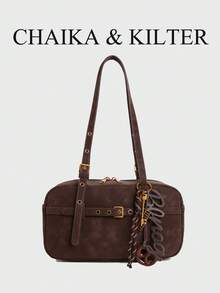 CHAIKA & KILTER 1件裝純色麂皮布料女款復古時尚啞光保齡球包，對比色絎縫線條，雙手柄設計，拉鍊開合，適合日常與街頭使用（附吊飾） - 咖啡 - 查看 2