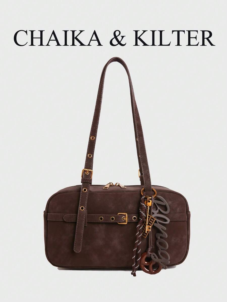 CHAIKA & KILTER 1件裝純色麂皮布料女款復古時尚啞光保齡球包，對比色絎縫線條，雙手柄設計，拉鍊開合，適合日常與街頭使用（附吊飾）