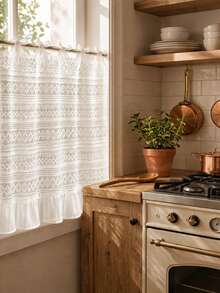 White Lace Kitchen Curtain, Tie-Up Ruffle Short Curtain, Bohemian Farmhouse Style Window Decor, Suitable For Kitchen Cabinets, Dishwasher Cover, Homestay And Rental Apartment Decoration - White - View 4
