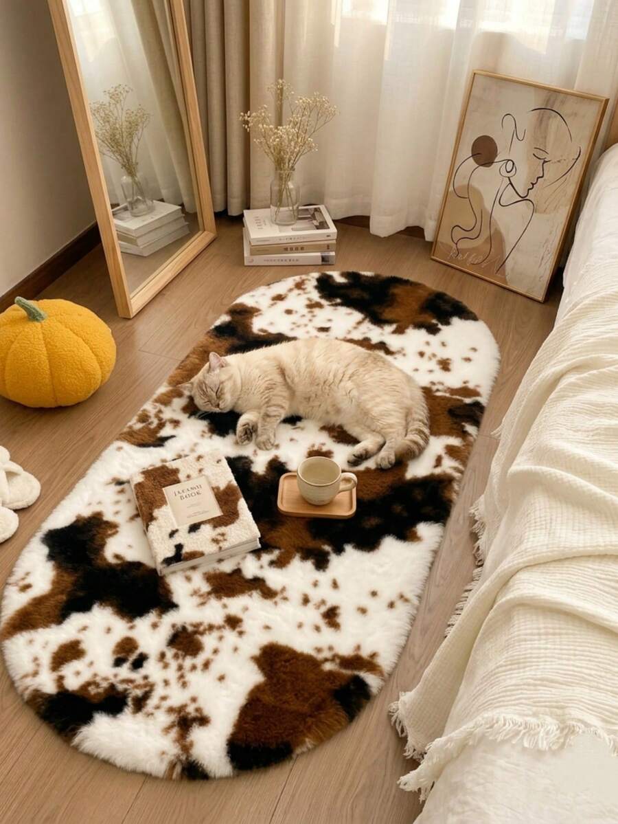 1件超柔軟蓬鬆仿兔毛裝飾地毯，橢圓形動物印花紋理絨毛床邊地毯，可水洗美觀家居裝飾，蓬鬆橢圓地毯－美觀柔軟動物牛紋床邊地毯，超柔軟仿毛長條地毯，舒適西式臥室裝飾，毛絨地毯，秋冬地毯 - 彩色 - 查看 1