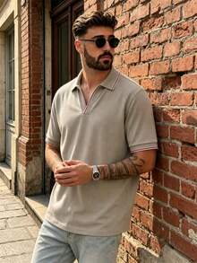 Lookun Men's Polo Shirt, Polo Collar, Short Sleeve, Loose Straight Fit, Business Casual, Spring/Summer - Khaki - View 2