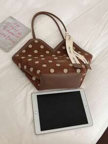 Bolso de tela con estampado de lunares y textura, con correa de cinta y decoración de letras, estilo vintage casual, adecuado para el uso diario, compras, viajes, atuendo enérgico y de moda, bolso tipo abanico en forma de V - Marrón - Ver 3