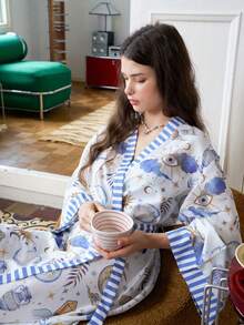 Women's Spring/Autumn Full Print Patchwork Striped Print Belted Robe - White - View 2