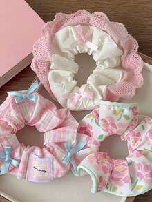 2/6pcs Peach Pink Lace Trim Scrunchies, Pink Sweet Cute Bow Lace Multi-Functional Hair Tie Hair Accessories Set, Peach Pink Lace Trim Scrunchies High Elasticity, Non-Damaging Hair Ties Mori Style Super Fairy Hair Rope Sweet Hair Accessories, Add Atmosphere Decorative Gift First Choice - Multicolor - View 10