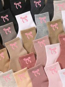 5/10/20 Pairs Random Bow Crew Socks For Girls Sweet Solid Color Mid‑Calf Socks Casual Daily Fall Socks Back To School Halloween Party Gift - Multicolor - View 4