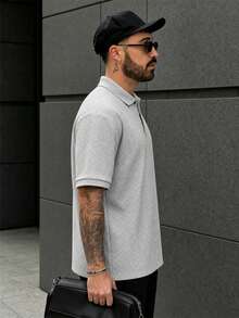 Lookun Men's Polo Shirt, Polo Collar, Short Sleeve, Knitted, Loose Fit, Casual, Spring/Summer - Grey - View 4