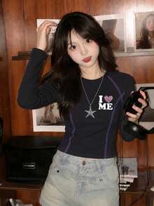 Women's Black Slim Fit Cropped T-Shirt, Heart & Letter Print, Autumn Long Sleeve Base Layer, Y2K Top - Black - View 5