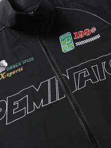 Jaket Pria Musim Semi/Gugur dengan Motif Huruf Balap, Kerah Tegak, Manset Elastis, Jaket Motor Gaya Hip-Hop Street - Hitam - View 7