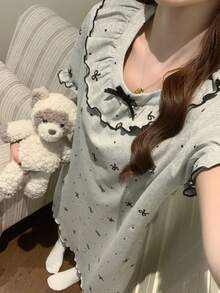1pc Women's Nightgown, Spring/Summer Pullover Bow Print Fashion Short Sleeve Sleep Dress, Comfortable For Home Wear - Grey - View 7