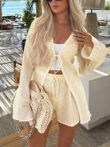 Women's Summer Vacation Style Minimalist Solid Color Textured Fabric Bell Sleeve Front Tie Top And Super Tight Shorts Set Elegant, Resort Wear - Apricot - View 1
