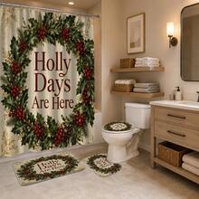 1pc/4pcs Christmas Vintage Holly Wreath Multi-Functional Bathroom Decor Shower Curtain Set, Free 12 Hooks, Premium Holiday Atmosphere, Bathroom Mat, U-Shaped Rug And Round Toilet Lid Cover, Suitable For All Christmas Scenes Decoration - Holly Wreath - View 4
