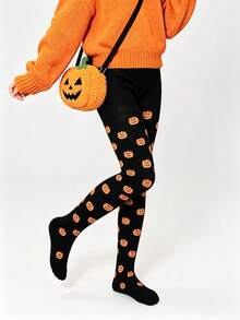 Halloween Pumpkin Print Cartoon Pattern Kids Tights, Cosplay Witch Accessory - Black - View 8