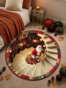 1pc 3D Optical Illusion Christmas Round Rug, Santa Claus Spiral Staircase Bookshelf Pattern Non-Slip Floor Carpet, Suitable For Living Room, Bedroom, Entryway Home Decor Holiday Christmas Decoration Rug, Bedroom Decor, Small Rug, Carpet, Home Decor, Living Room Rug, Living Room Small Rug, Bedroom Rug, Living Room Home Decor, Outdoor Rug, Washable Carpet - Multicolor - View 5