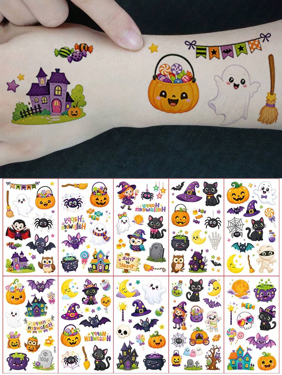 10 Sheets, With 116pcs Halloween Cartoon Element Pattern Temporary Tattoo Stickers, Featuring Pumpkin, Vampire, Zombie, Bat, And Spider Designs, Waterproof And Lasts 2-5 Days, Suitable For Parties - Multicolor - View 1