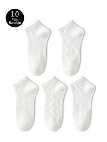 ZUJO 5 Pasang/10 Pasang Kaos Kaki Pendek Rajut Kabel Putih Polos dengan Trim Renda Jala untuk Wanita, Sederhana & Nyaman, Cocok untuk Musim Semi, Musim Panas, Musim Gugur - Putih - View 9