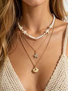 3PCS Bohemian Style Ocean Series Multi-Layer Necklace, White Beaded Starfish & Shell Pendant Layered Necklace Set For Women - Gold - View 2