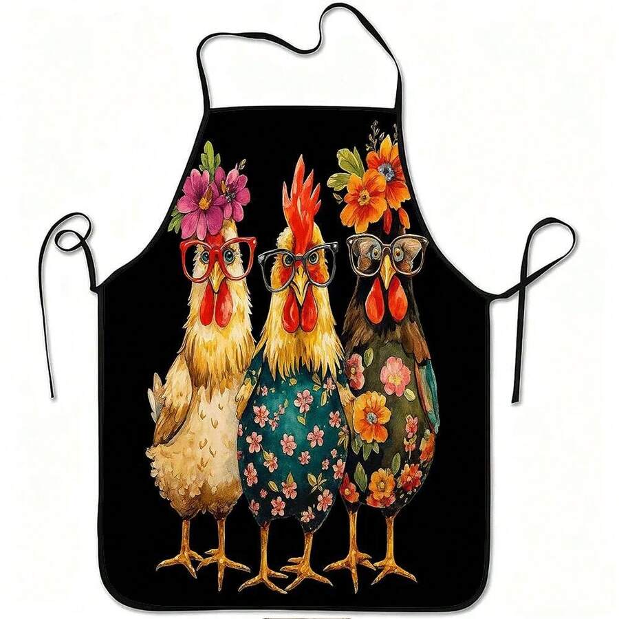 1pc Playful Floral Decor Chicken Pattern Apron, Suitable For Home Kitchen, Housework And Gift Giving - Multicolor - View 1
