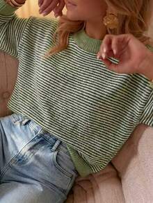 Women's Autumn/Winter Vintage Green & White Striped Round Neck Knit Sweater, Soft Fluffy Fabric, Contrast Ribbed Collar & Cuffs, Loose Drop Shoulder Fit, Lazy Vibe, Versatile For Daily Commute, Gentle & Flattering - Green - View 6