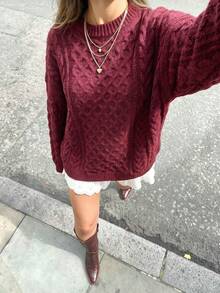 Women's Plus Size Fall Winter Burgundy Cable Knit Sweater, Round Neck Drop Shoulder Long Sleeve Loose Top For Date Casual Street‑Shot - Wine Red - View 2