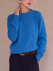Women's New Autumn/Winter Solid Color Knit Pullover Long Sleeve Regular Fit Sweater, Warm And Comfortable, Light Blue, Suitable For Daily Wear - Blue - View 5